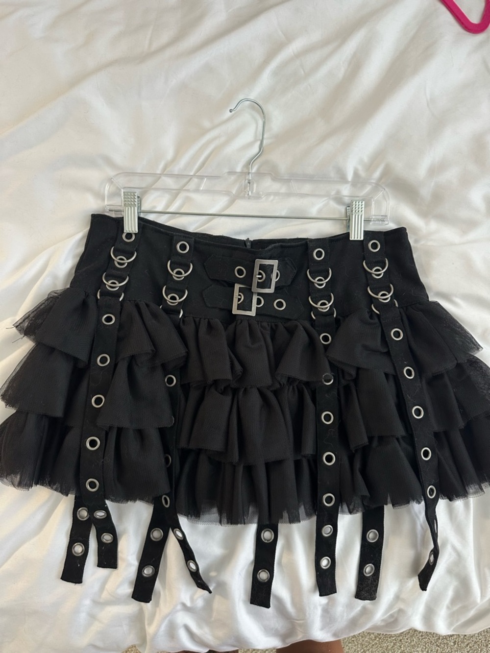 Widow Black Ruffled Mini Skirt with Grommet Straps/ Alt / Goth